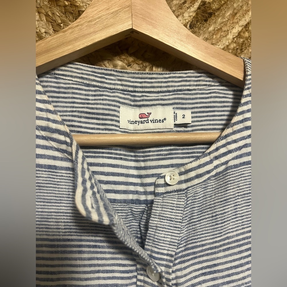 Vineyard Vines Camp Popover Linen Sleeveless Blue & White Striped Top,Size 2 - Picture 2 of 7